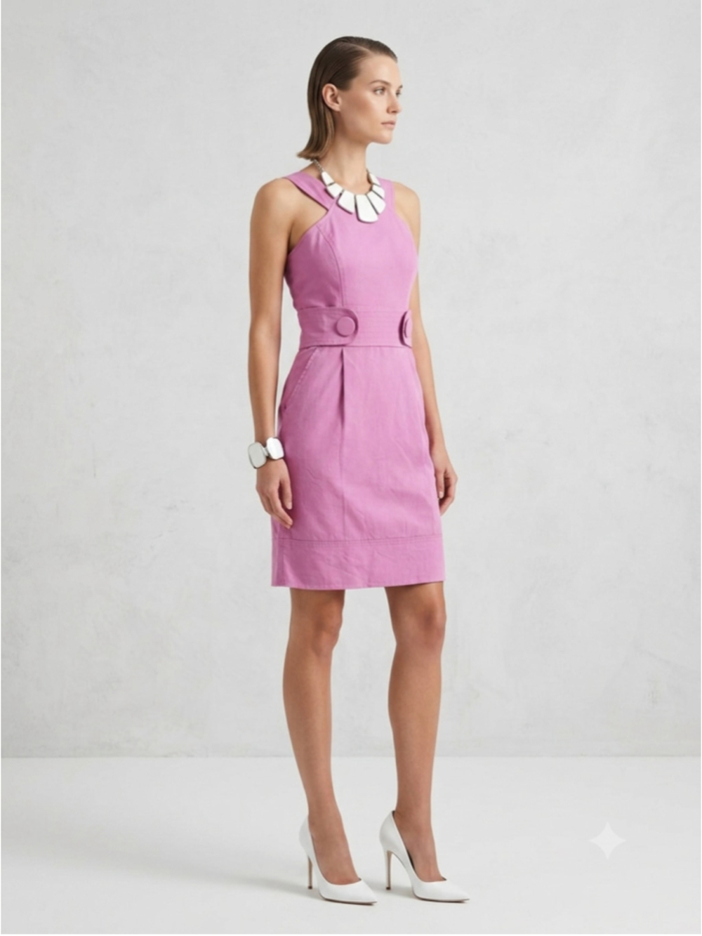 Alyn Paige New York Pink Sheath Mini Dress Wide Button Waist Band Y2K Mod Size 3